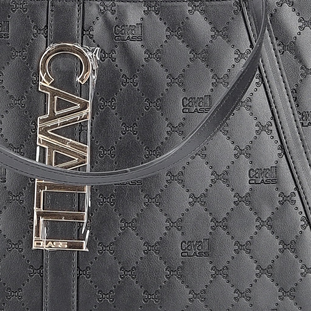 NWT Cavalli Class Huge Black Quilted Logo Tote Vegan Leather - Picture 4 of 4